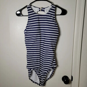 Land's End Women's Navy Striped High Neck One-Piece Swimsuit Size Small